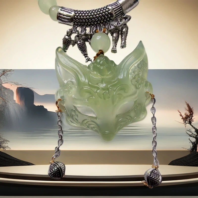 纯天然岫玉狐狸面具吊坠设计款链子拍一发一多样性发货*拍一发一
