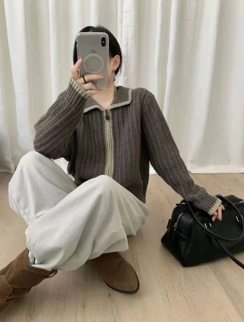 K2012 浅茶灰调 长袖网红针织套头款毛针织衫宽松翻领显瘦圆领