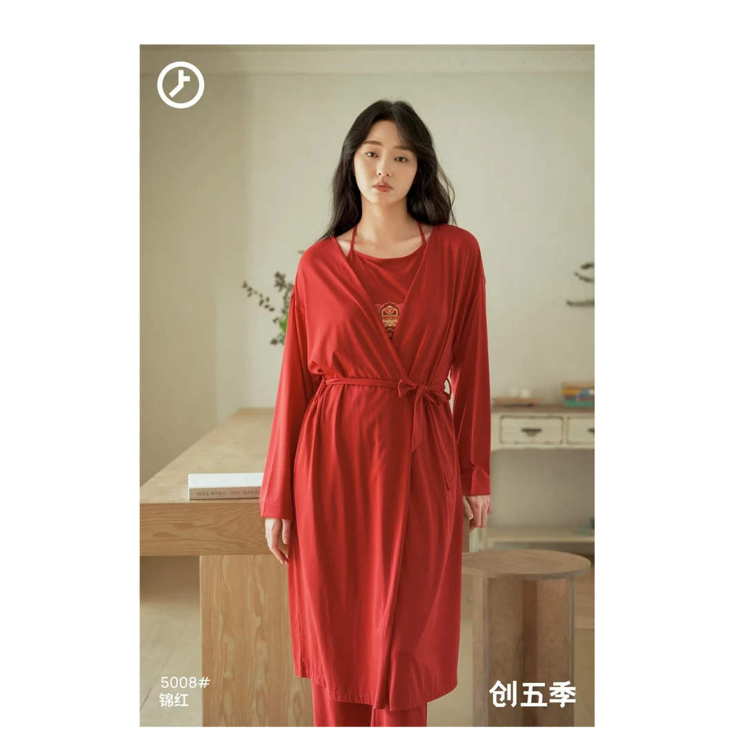 睡衣中国风甜美风成人长袖睡裙夏季红色春秋秋冬休闲宽松500