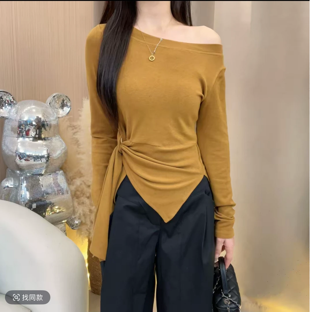 现货+运费险新款韩系斜露肩不规则气质绑带长袖时尚T恤条纹上衣