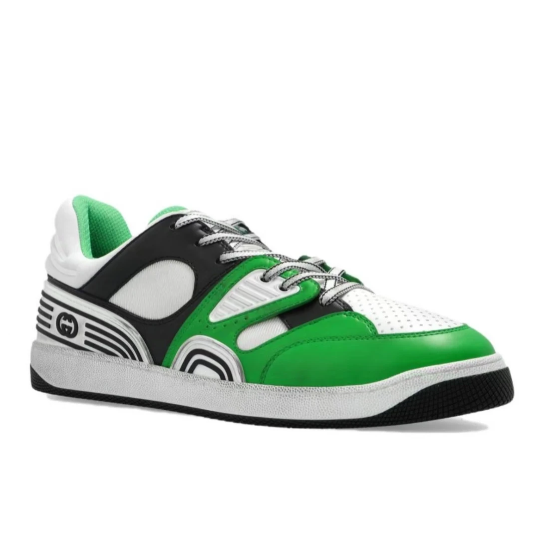 全新未使用 GUCCI/古驰 织物系带时尚板鞋 男款 绿白黑做旧版