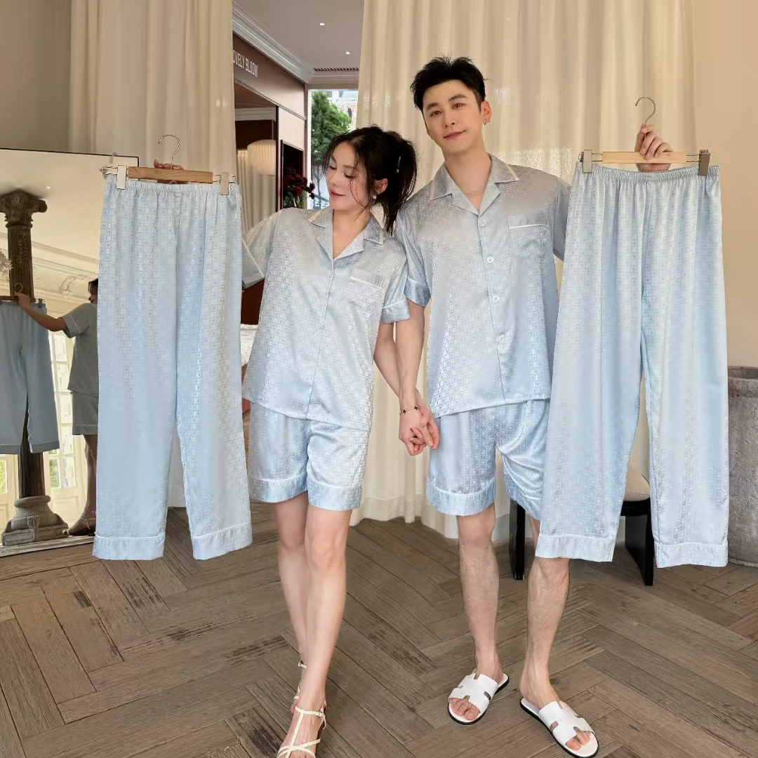 高级感春季薄款提花冰丝情侣睡衣长袖开衫套装CWS家居服