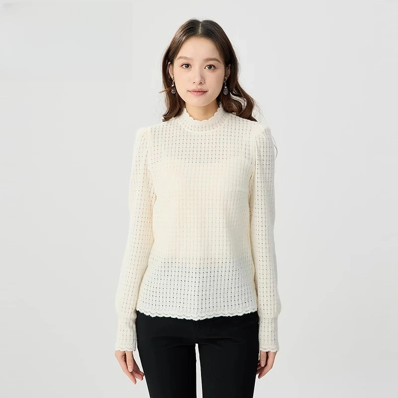 【商场同款】2025春秋新款经典花边烟管领镂空格弹力套头衫130006