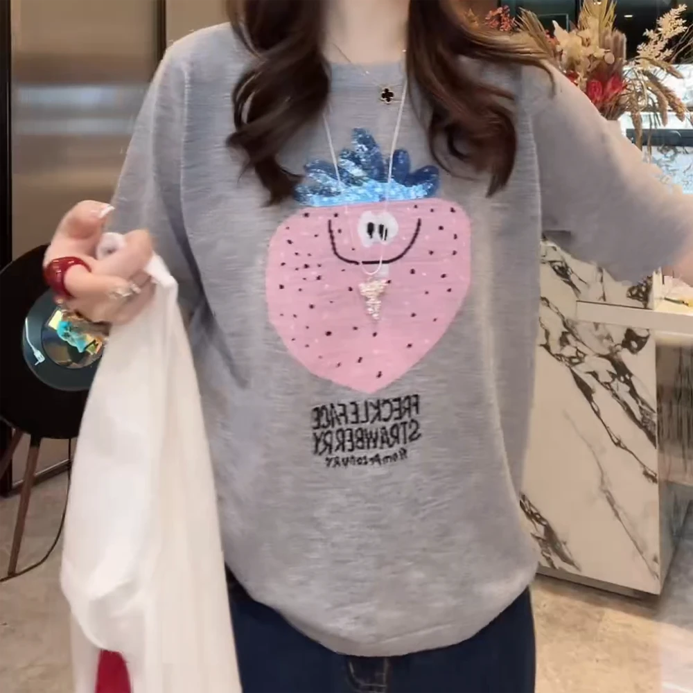 【大颗草莓】夏季薄款短袖针织衫时尚宽松慵懒风套头洋气衣服女