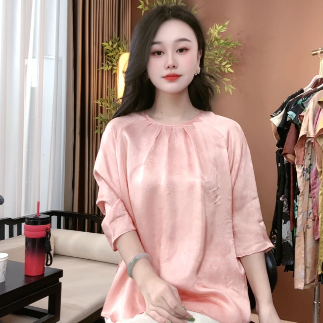 夏季新中式桑蚕丝短袖女时尚显瘦百搭中国风上衣女S012