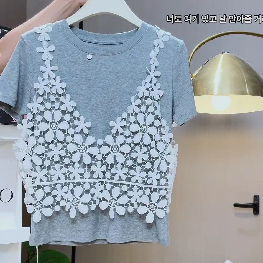 夏季休闲圆领重工透气短袖假两件上衣高级感时尚显瘦T恤DP6475