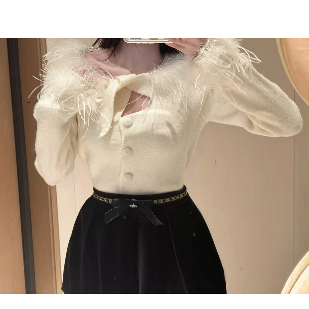 AZZHEN【初春悸动】设计感精致驼鸟毛针织开衫内搭毛衣AZ4KBG20-00