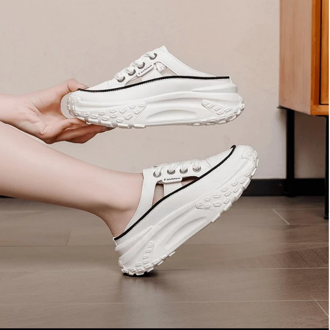 春夏新款松糕厚底包头半拖一脚蹬老爹镂空半托MR067【米】