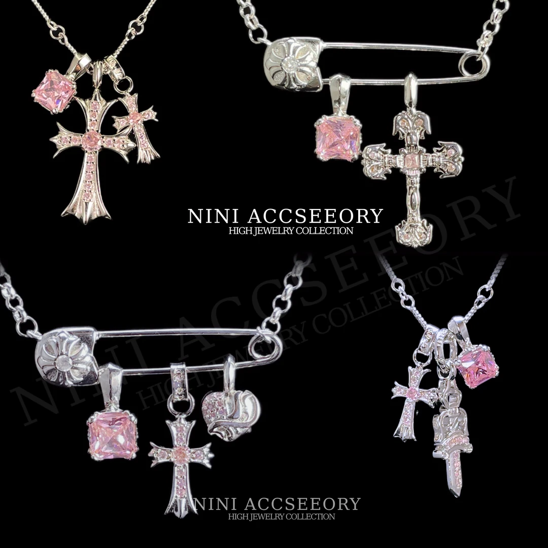 『机甲林黛玉』美式复古甜妹ins粉十字架火焰爱心宝剑时尚潮奢项链