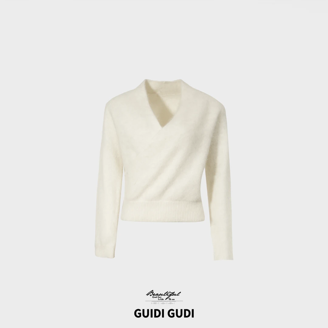 GUIDI GUDI【暖柔】气质V领交叉休闲百搭毛衣/黄加蓝