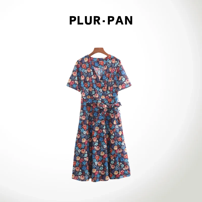 PLUR·PAN真Z ~y料 气质印花A字V领系带中长款连衣裙