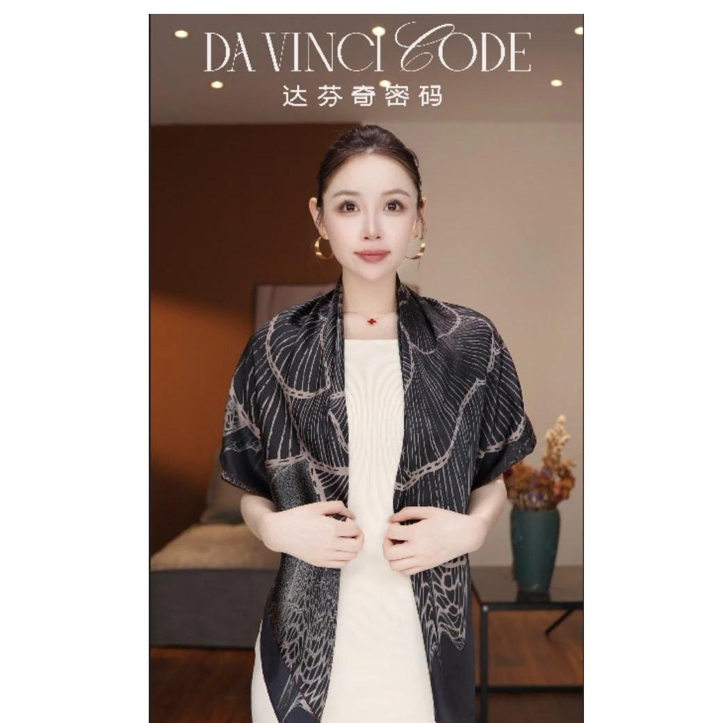 达芬奇密码水墨牡丹高贵优雅110cm气质高档真丝100%桑蚕丝丝巾