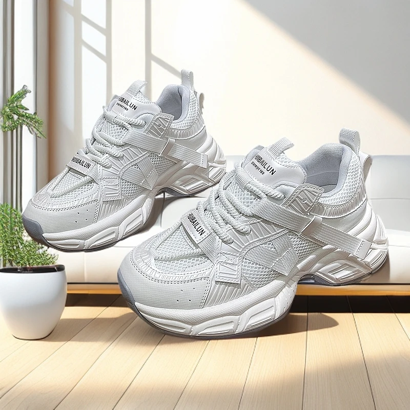 真皮厚底时尚休闲鞋网红百搭网面时尚女鞋春季老爹鞋轻便运动鞋子