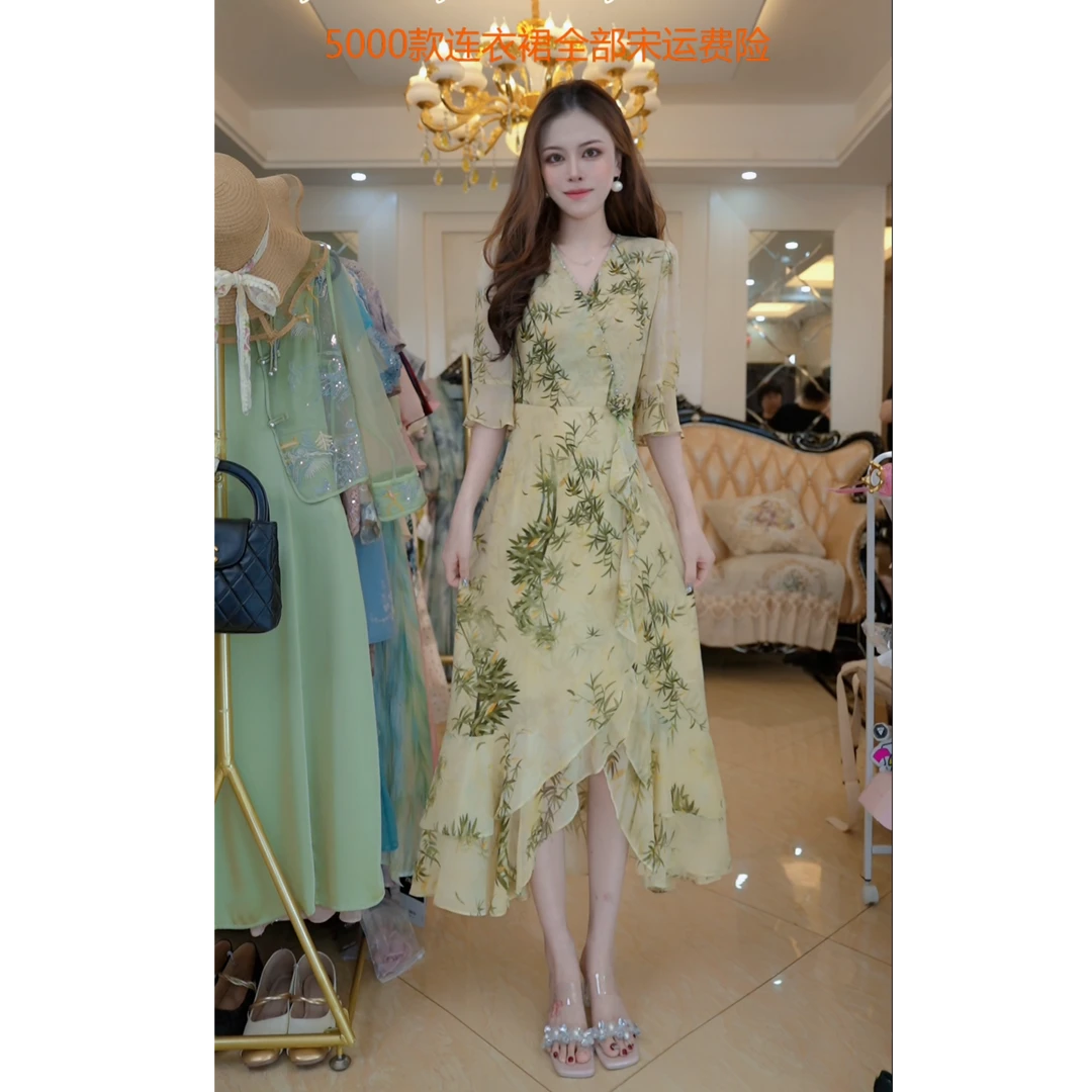 水墨画连衣裙女2025夏季超好看温柔风中长裙A46112
