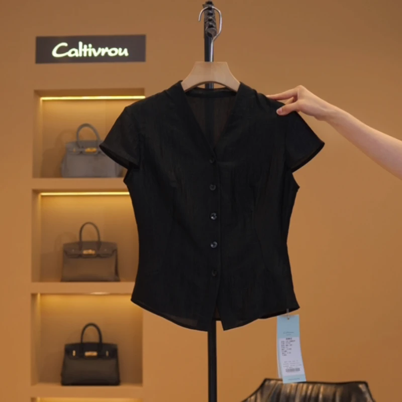 【w】【醋酸面料】无袖薄女时尚轻奢设计感V领小众宽松衬衣Y17550