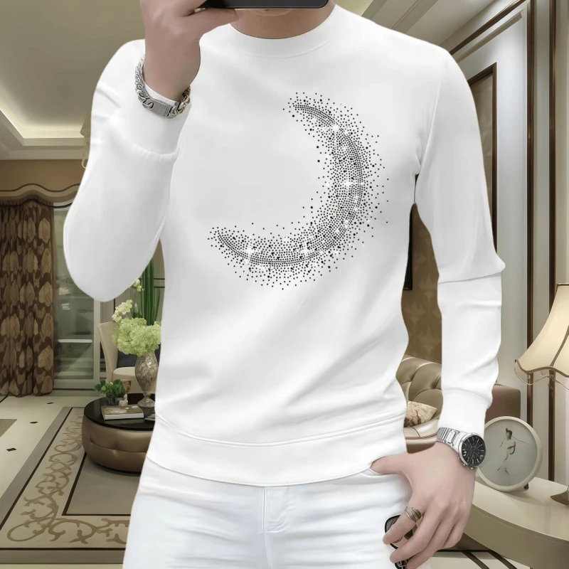 欧洲站男士长袖时尚休闲潮流圆领百搭修身秋冬套头新款烫钻打底衫