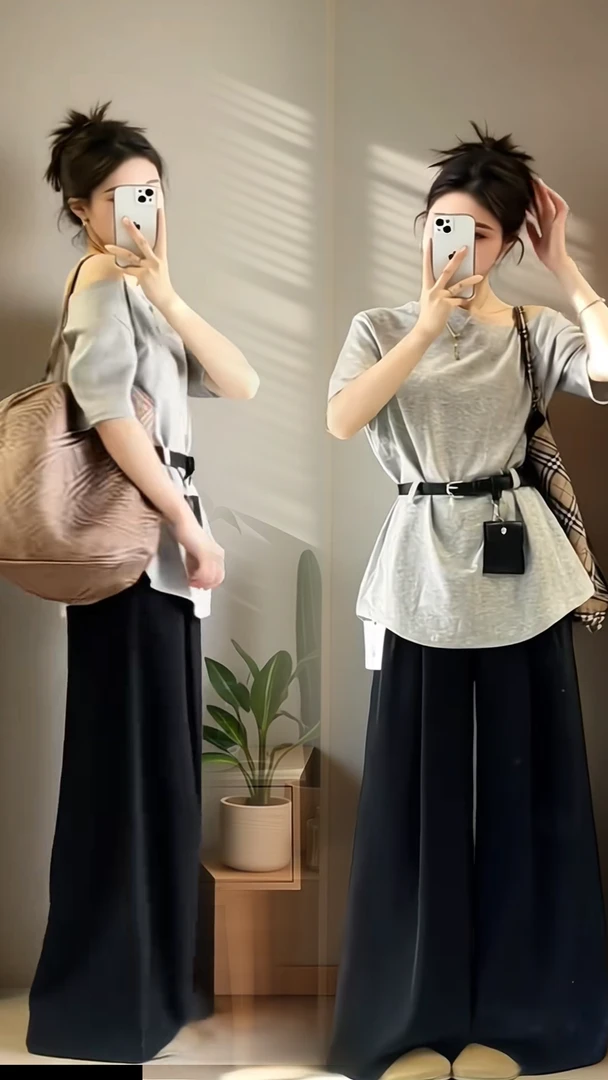 2025显瘦穿搭一整套夏季韩系高级感斜肩短袖T恤阔腿休闲裤两件套