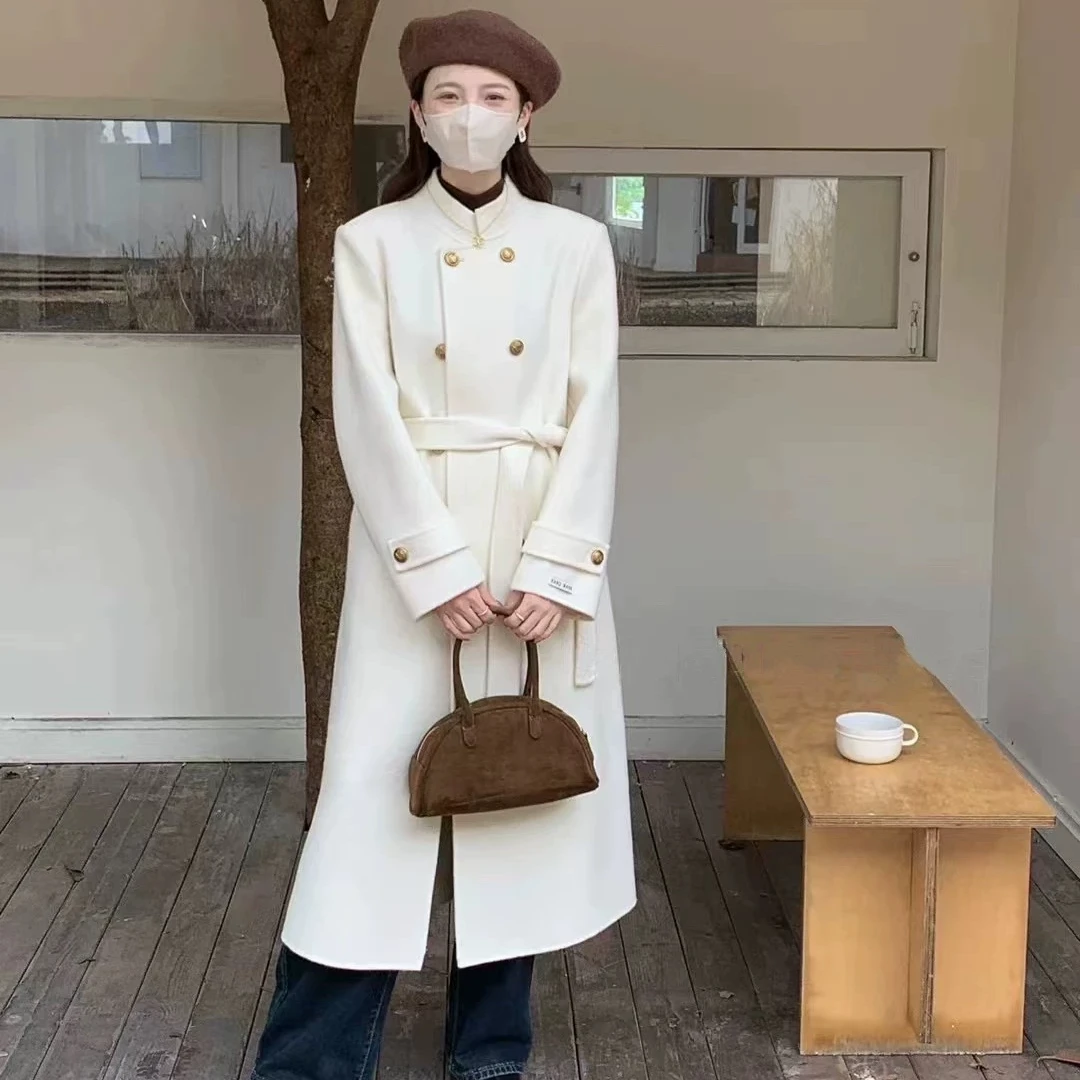 【独在】 韩版女白色羊毛大衣中长款