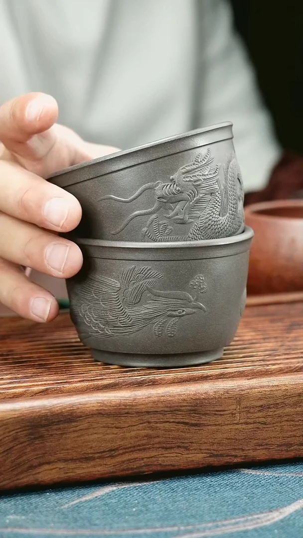 茶杯紫砂天青泥龙凤呈祥2只