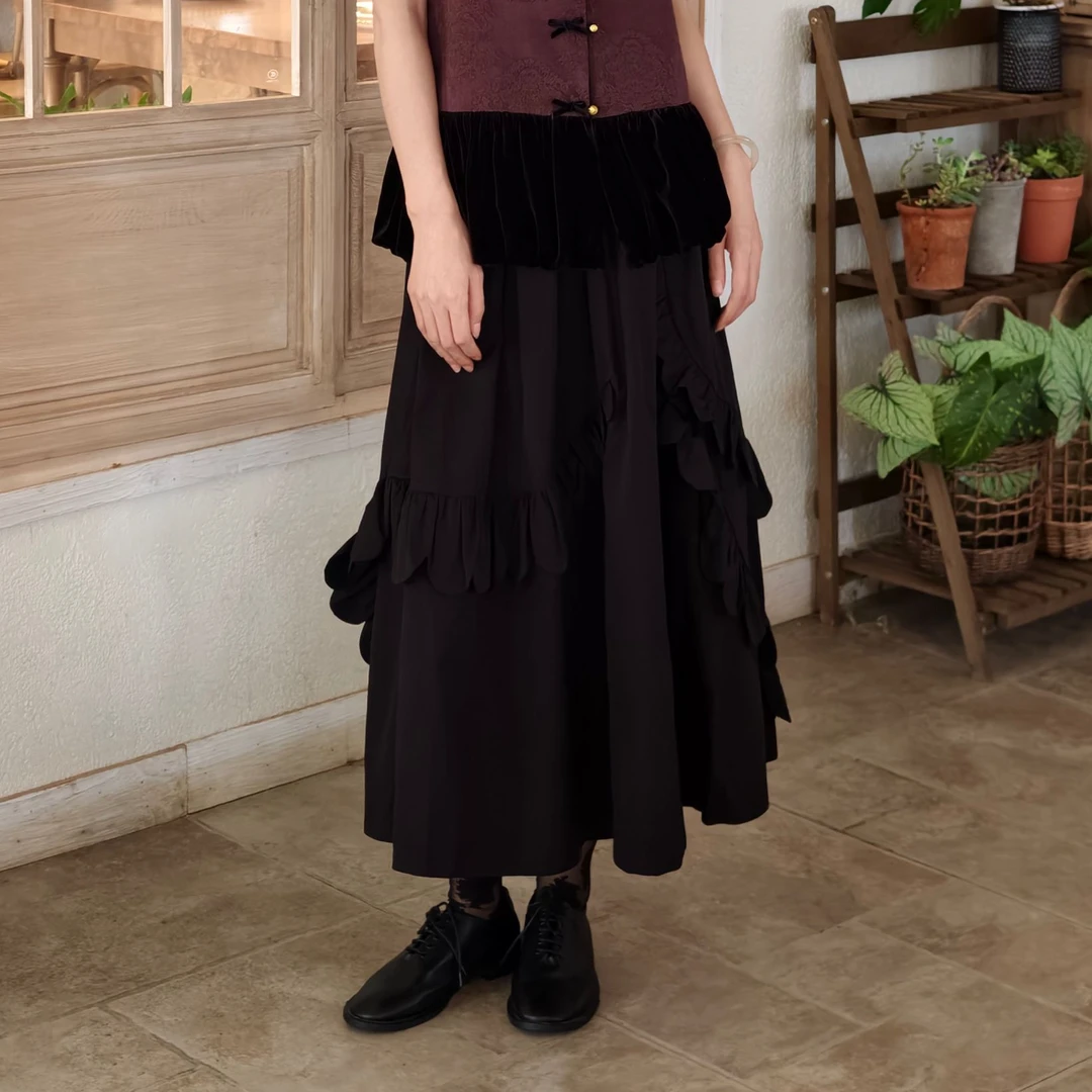 文艺设计感手工花边不规则棉质百搭半裙S77515