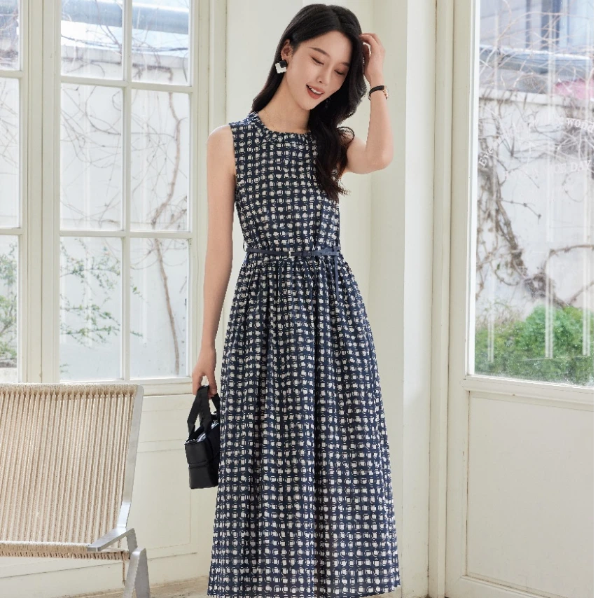 藏蓝色气质格纹印花腰带款无袖中长款夏季女装连衣裙25夏季新款