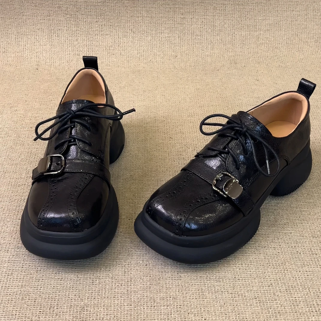 RubyL/6cm英伦风复古百搭舒适系带皮带扣方头增高厚底乐福鞋女款