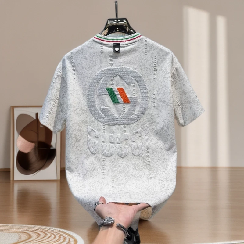 欧货男士高端刺绣破洞短袖t恤2025新款夏季潮牌轻奢透气男装半袖