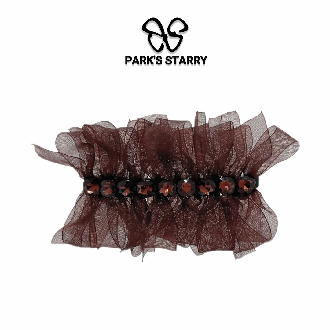 【朴朴韩国饰品】 T013 红棕色气质百搭网纱带钻弹簧夹