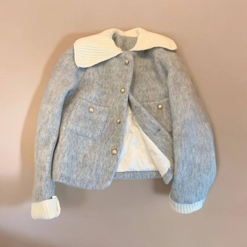 小香风时尚简约灰色毛呢外套女装冬季法式复古高级感加厚棉服外套