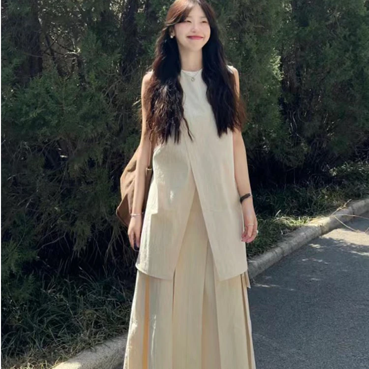 新中式背心半身裙两件套女夏季复古简约文艺绑带清冷禅意风套装裙