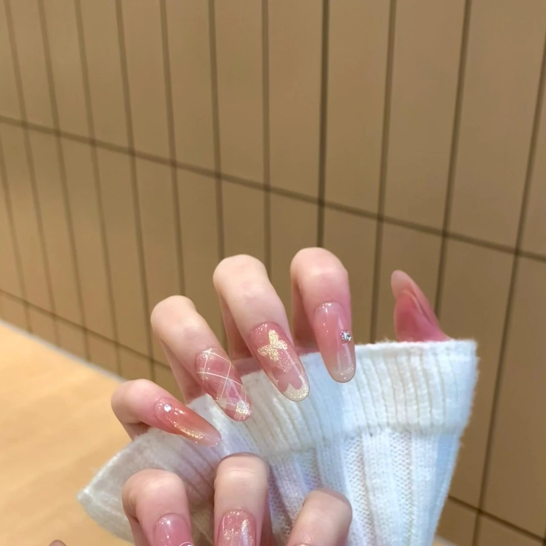 Nice SoSo【浅夏梦蝶】纯手工穿戴甲纯欲手绘猫眼腮红碎钻菱格小众