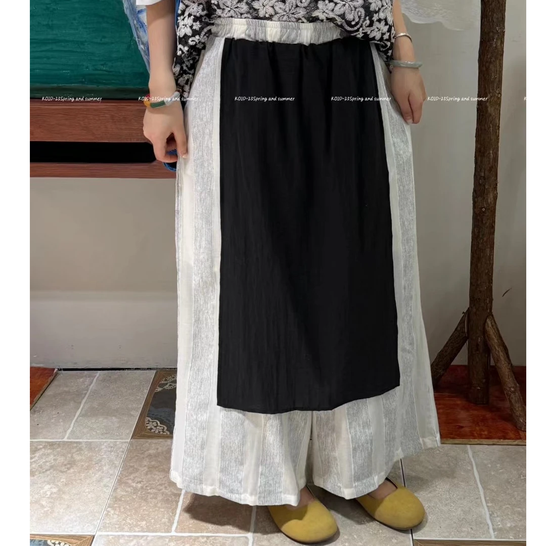 KOID夏季日系复古松紧腰宽竖条假两件拼接裤