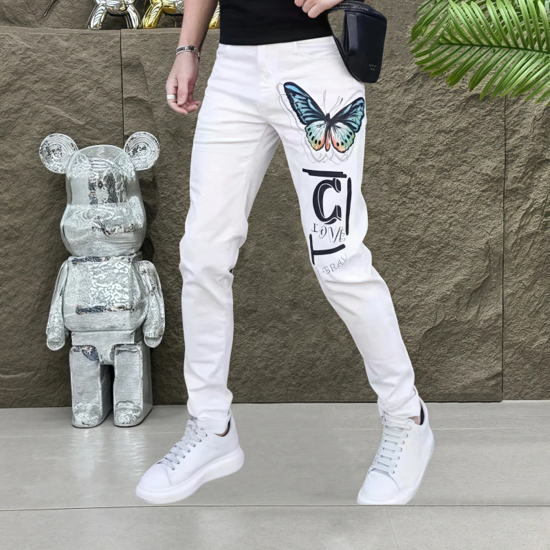 阿伟家夏季男士印花牛仔裤裤子时尚潮流弹力烫印白色小脚裤薄款