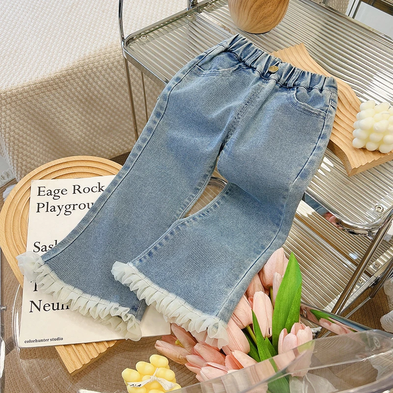 女童牛仔裤2025春秋新款儿童裤子宝宝韩版微花边喇叭裤洋气童装