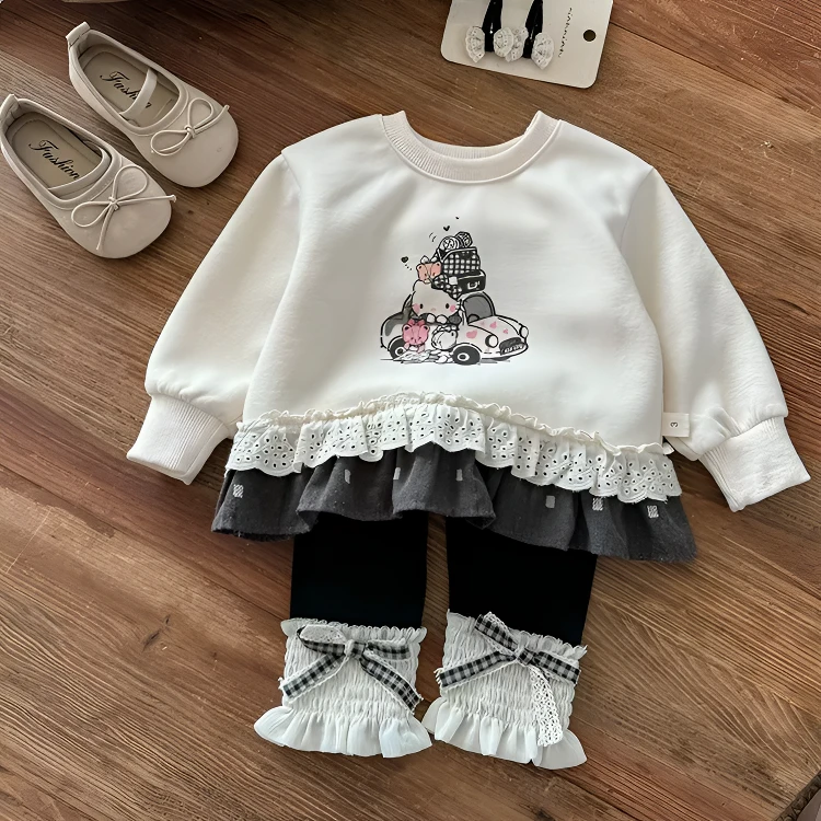 女童卫衣秋装2025新款女宝卡通花边长袖洋气百搭婴儿上打底裤套装