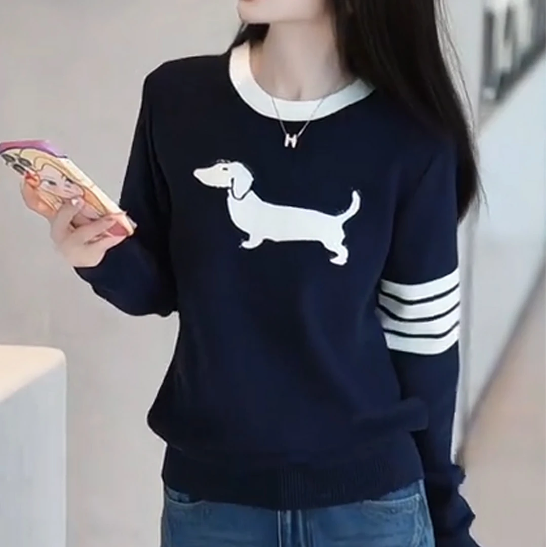 藏青色洋气撞色圆领针织衫毛衣打底衫女2025秋冬新款爆款大码上衣