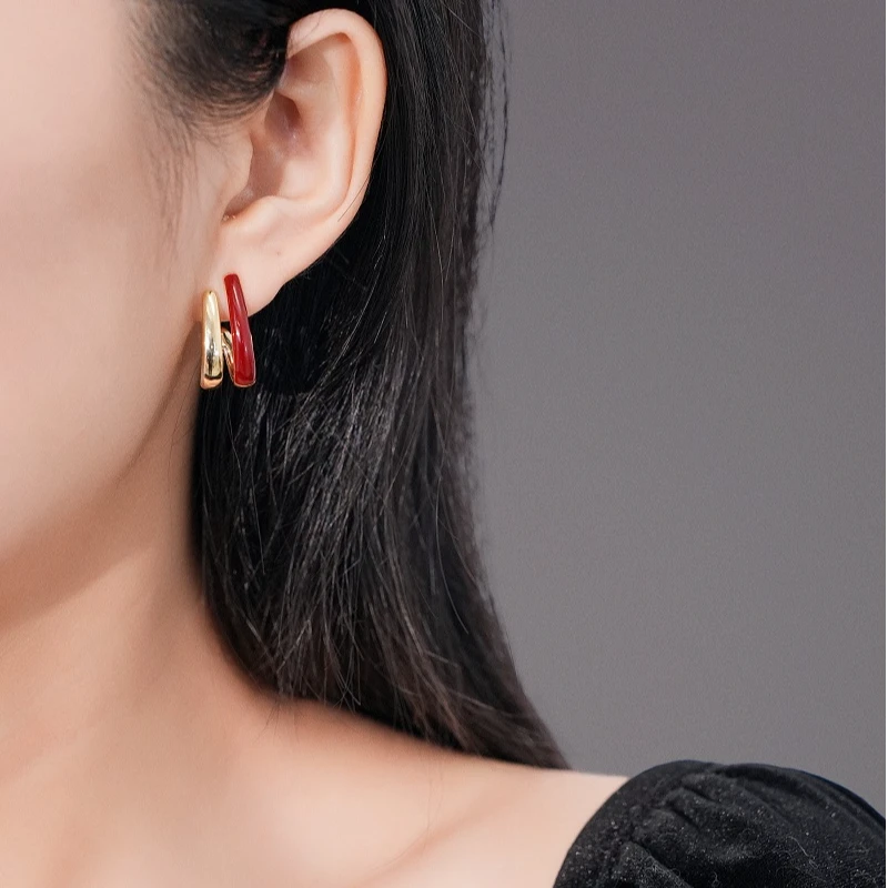 铜合金耳饰 925银针双圈金红撞色耳环法式复古简约独特设计感秋冬