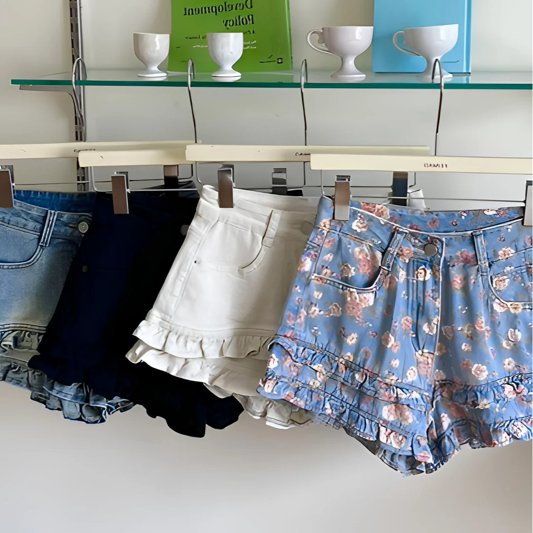 赵小小【心动N次神裤!】韩版美式木耳边牛仔热裤辣妹显瘦短裤96057