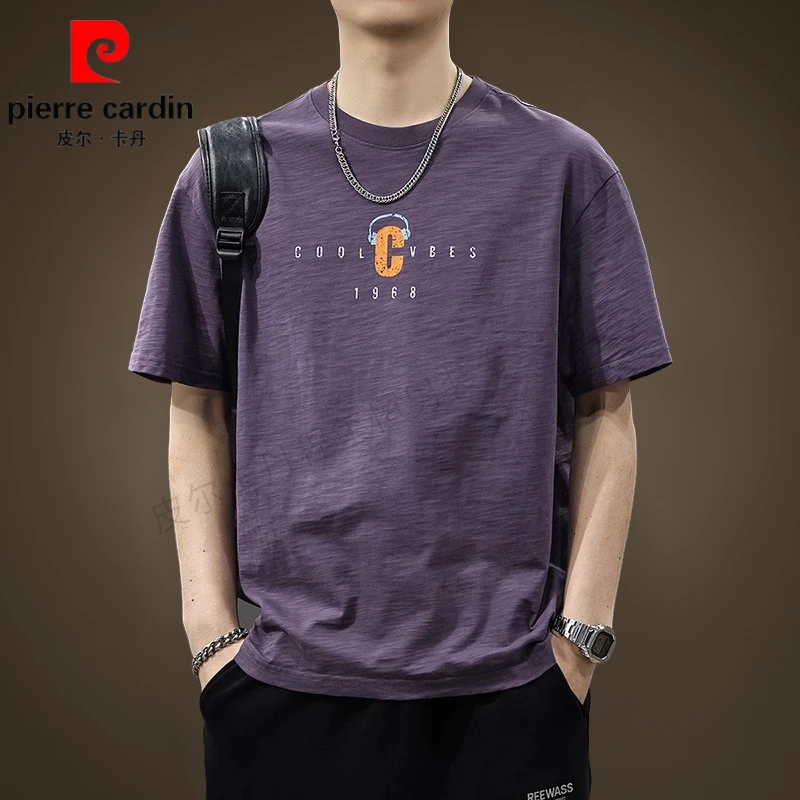 皮尔卡丹夏季美式休闲纯棉短袖t恤男潮流简约字母印花宽松圆领T恤