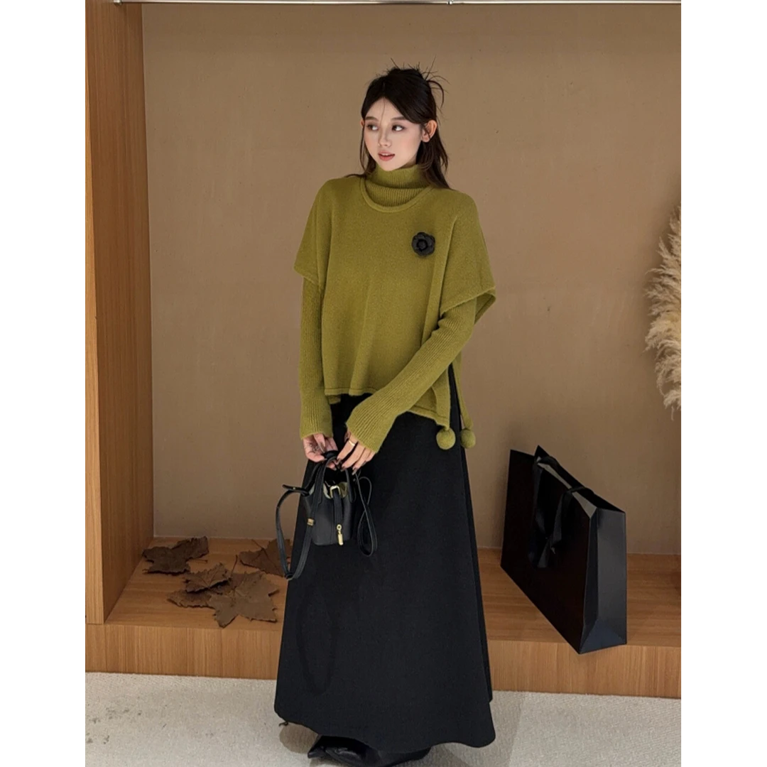 韩版简约风高领打底针织衫女秋冬高级感宽松毛衣配胸针两件套上衣