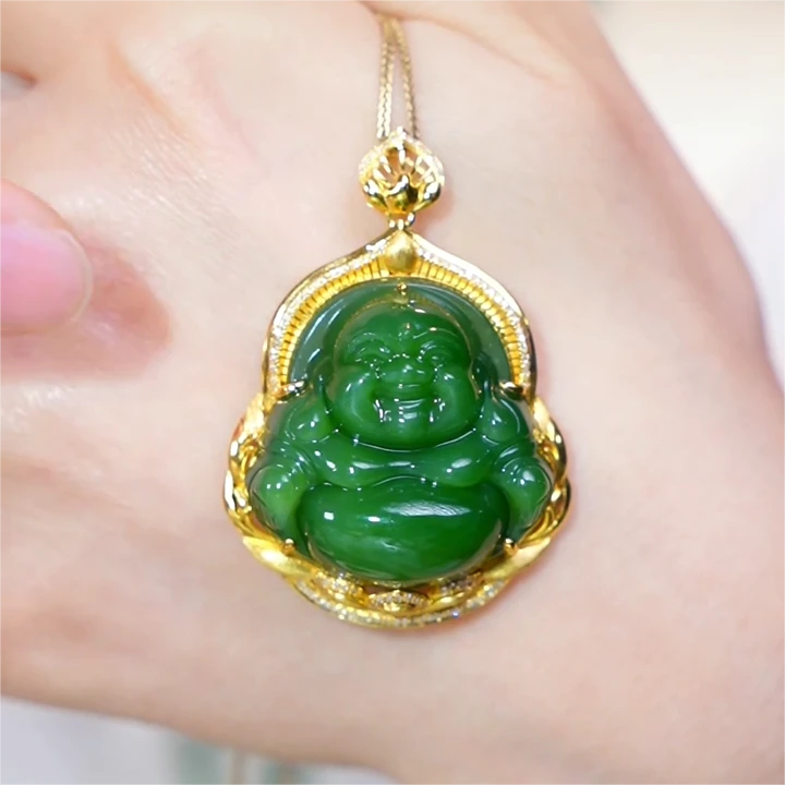 【芒心珠宝】天然和田玉18K金镶嵌全包碧玉30mm佛公吊坠