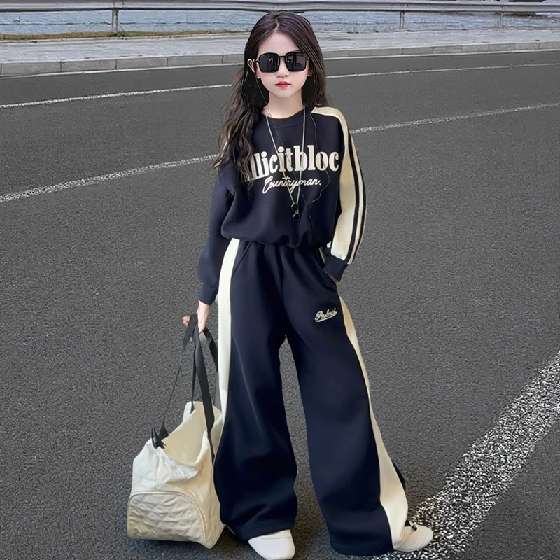 女童秋季套装中大童儿童洋气韩版网红时髦女孩字母织带卫衣两件套