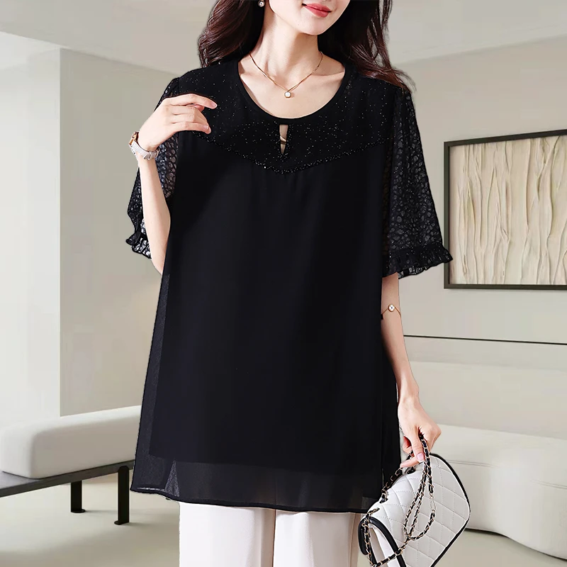 黑色钉珠镂空拼接短袖雪纺衫女士2025夏季时尚宽松显瘦中长款上衣