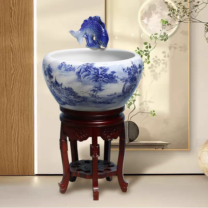 景德镇新款陶瓷鱼缸循环喷水加湿金鱼缸办公室落地青花缸客厅公司