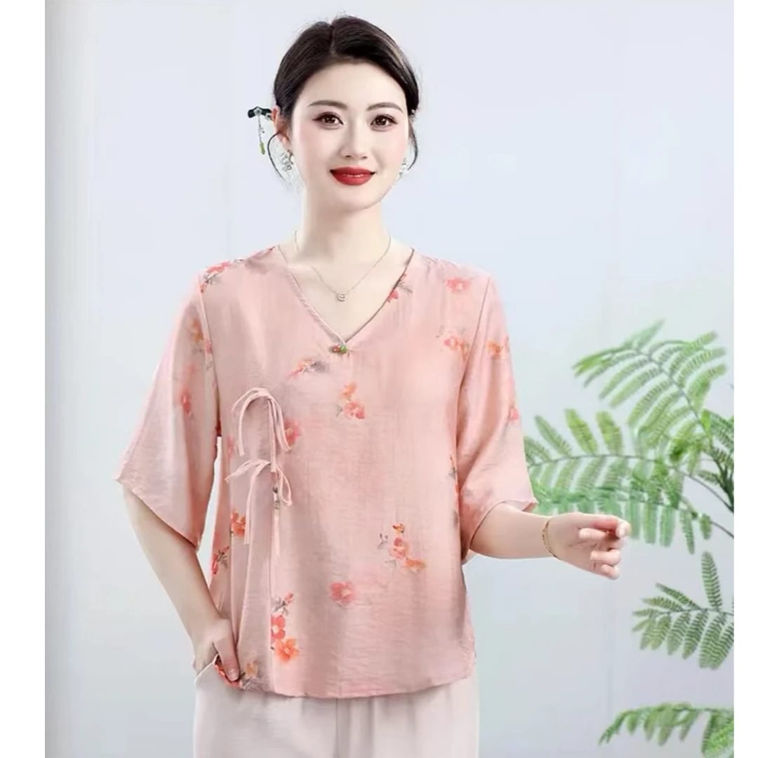 夏季印花圆领T恤宽松型简约新中式V领宽松时尚中式2802