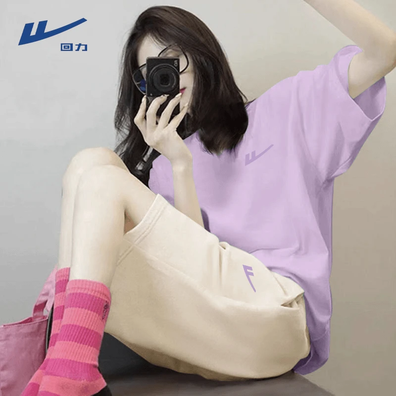 回力夏季紫色运动套装女2025新款纯棉短袖短裤学生休闲穿搭一整套