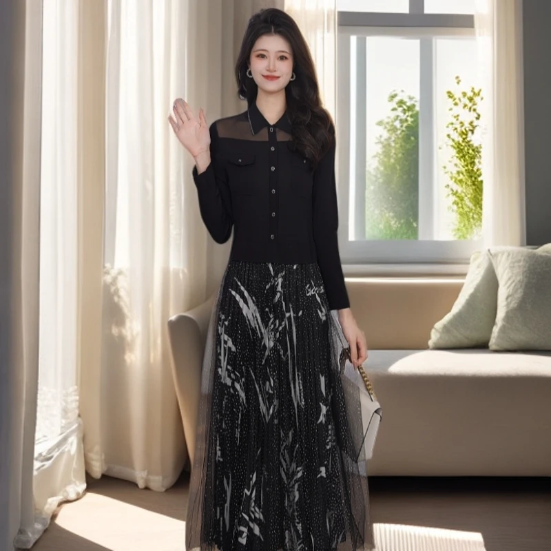 Gowani/乔万尼2025新款拼接网纱连衣裙秋季轻奢气质显瘦ET778