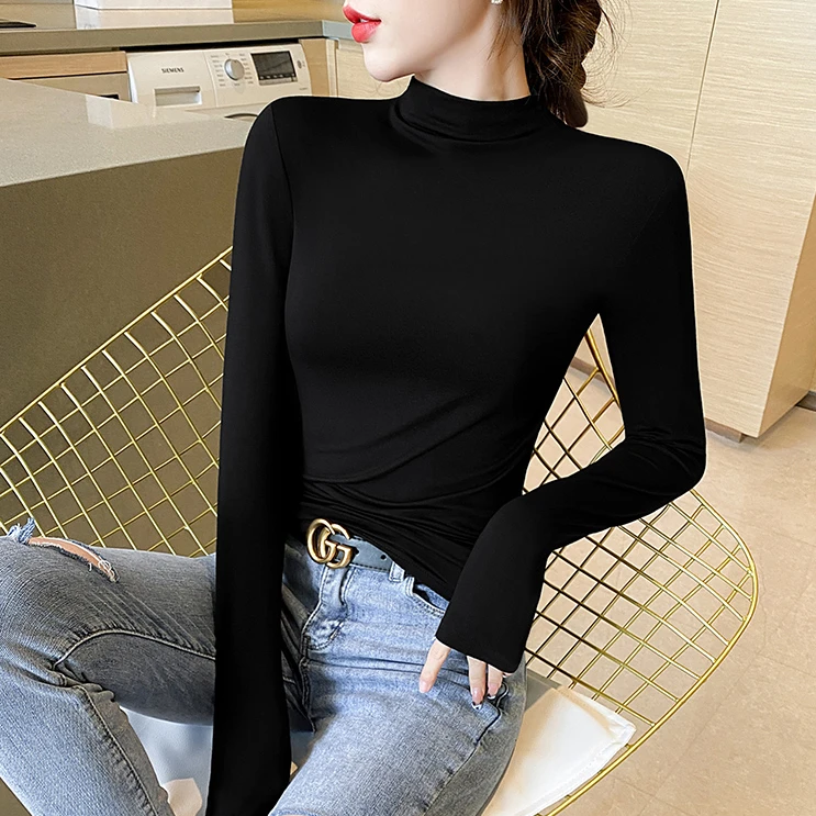 【TR2202】JS薄款半高领打底衫修身女春秋洋气内搭长袖黑色T恤上衣