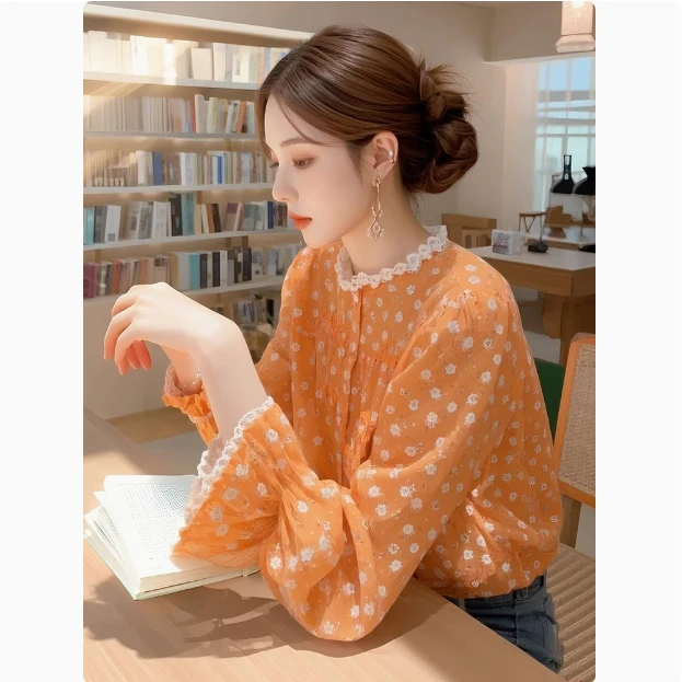 LaChapelle/拉夏贝尔橘色碎花衬衫长袖女装法式蕾丝边小衫上衣