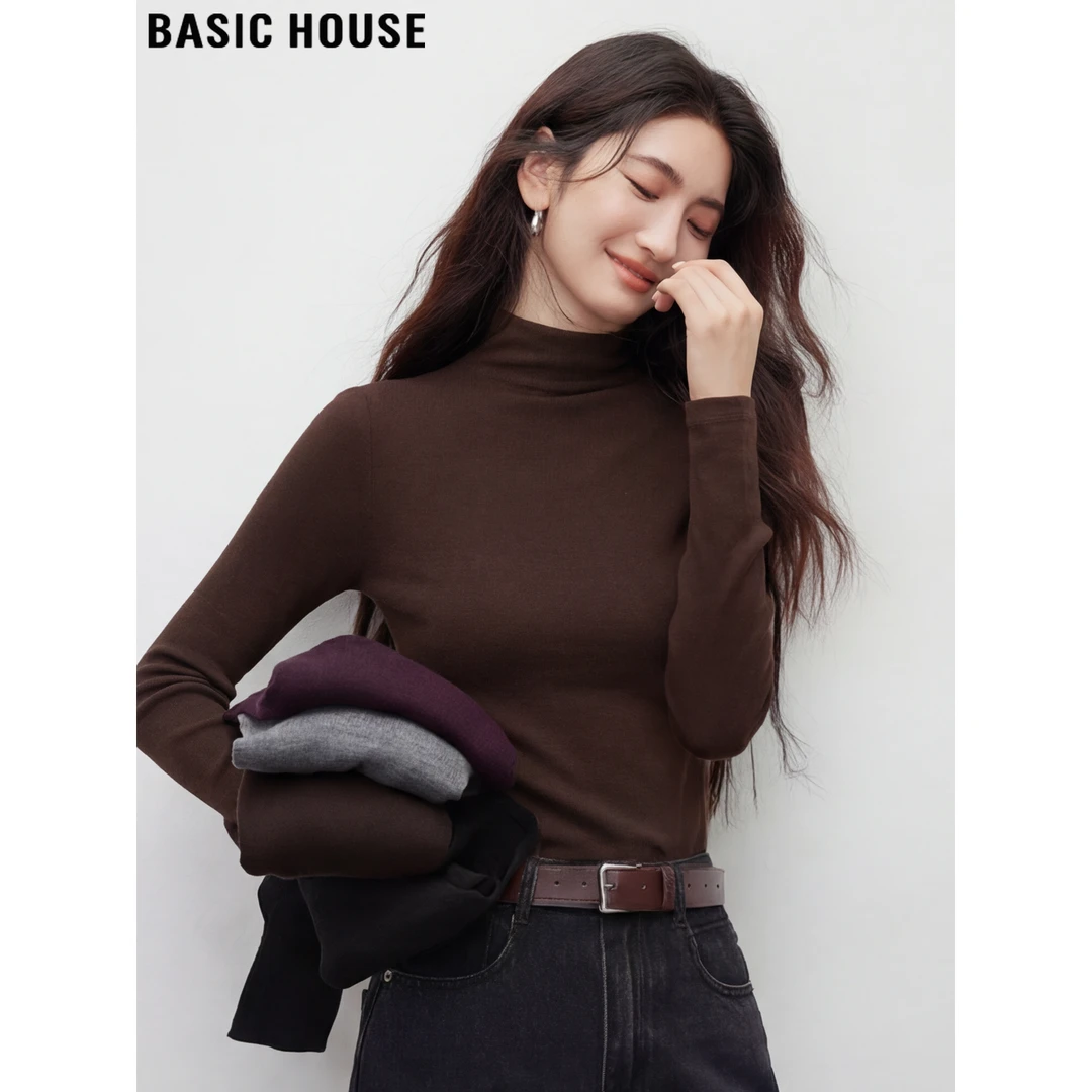 Basic House/百家好复古咖色半高领长袖T恤女春季修身打底衫上衣